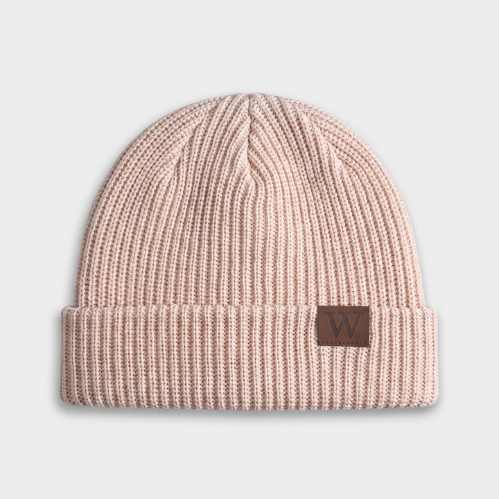 Fisherman Beanie - Cream ribbed knit hat with tan leather W patch