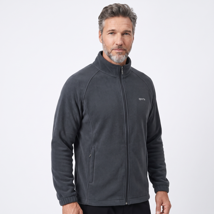 Men's full-zip dark gray fleece jacket with stand collar and zip pockets