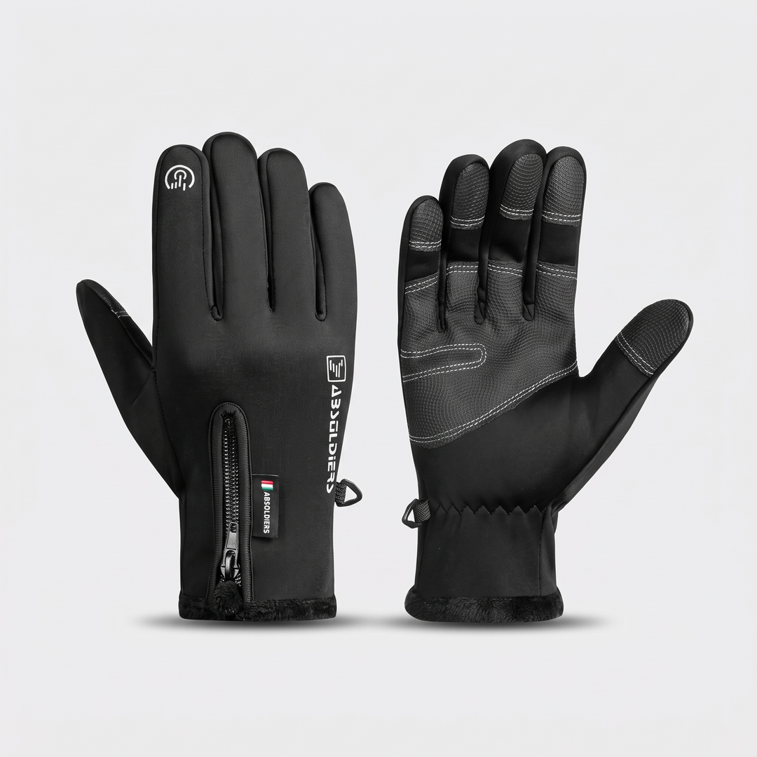 Black fleece lined winter gloves, back of hand with wrist zip and palm with anti-slip grip panel