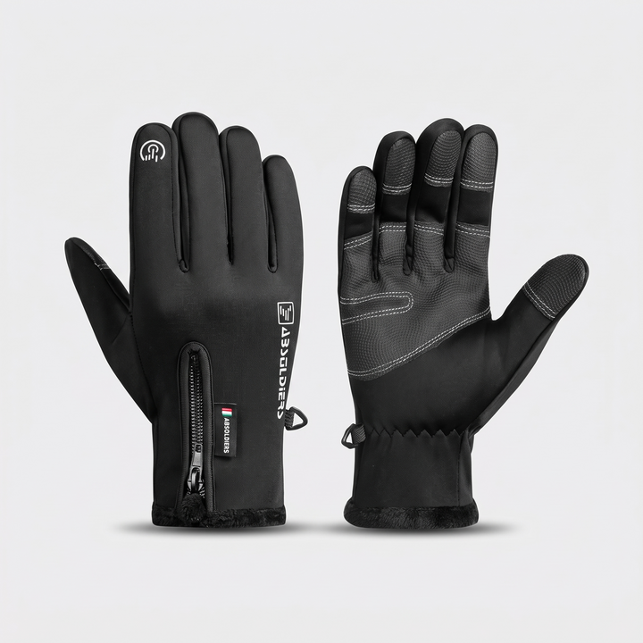 Black fleece lined winter gloves, back of hand with wrist zip and palm with anti-slip grip panel