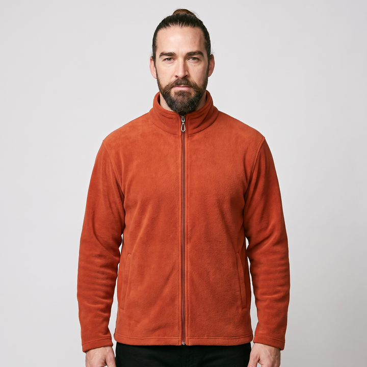 Men's fleece zip up jacket - dark orange - front view