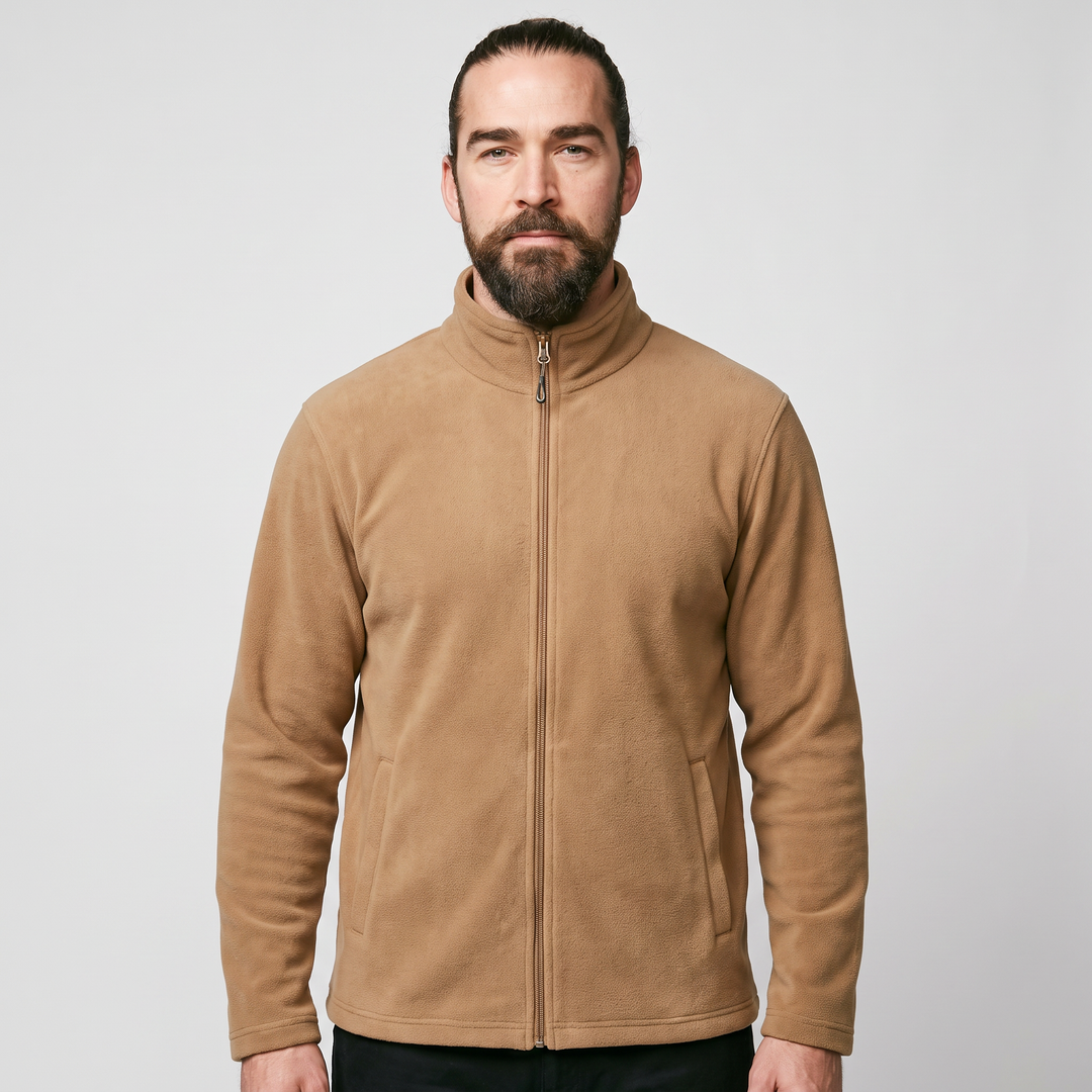 Men's fleece zip up jacket - dark beige - front view