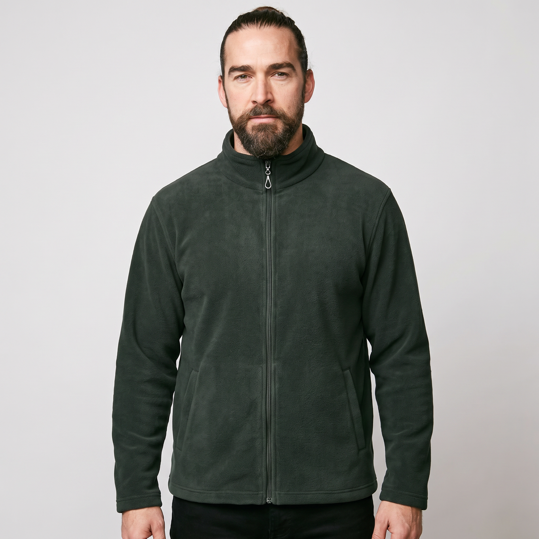 Men's fleece zip up jacket - green - front view