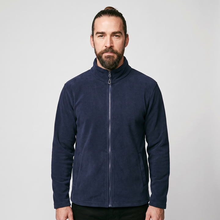 Men's fleece zip up jacket - navy blue - front view