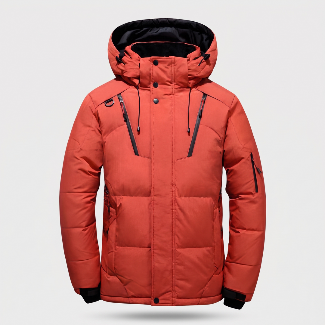 Men's Puffer Jacket in Orange - front view, 7-pocket hooded winter jacket