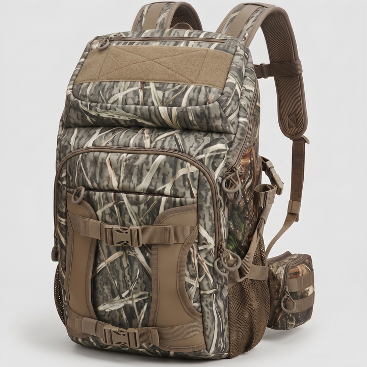 Hunting backpack in Stealth Reed Camo, front view