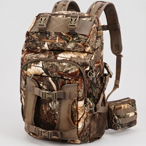 Hunting backpack in Treasures of the Trees camo, front view with rain cover and utility pockets