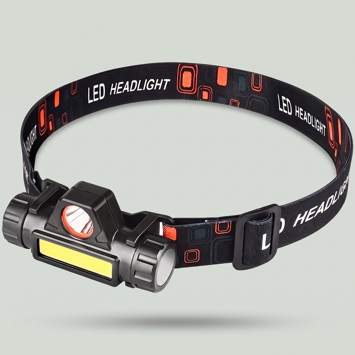 COB rechargeable headlamp front view on elastic LED headlight band