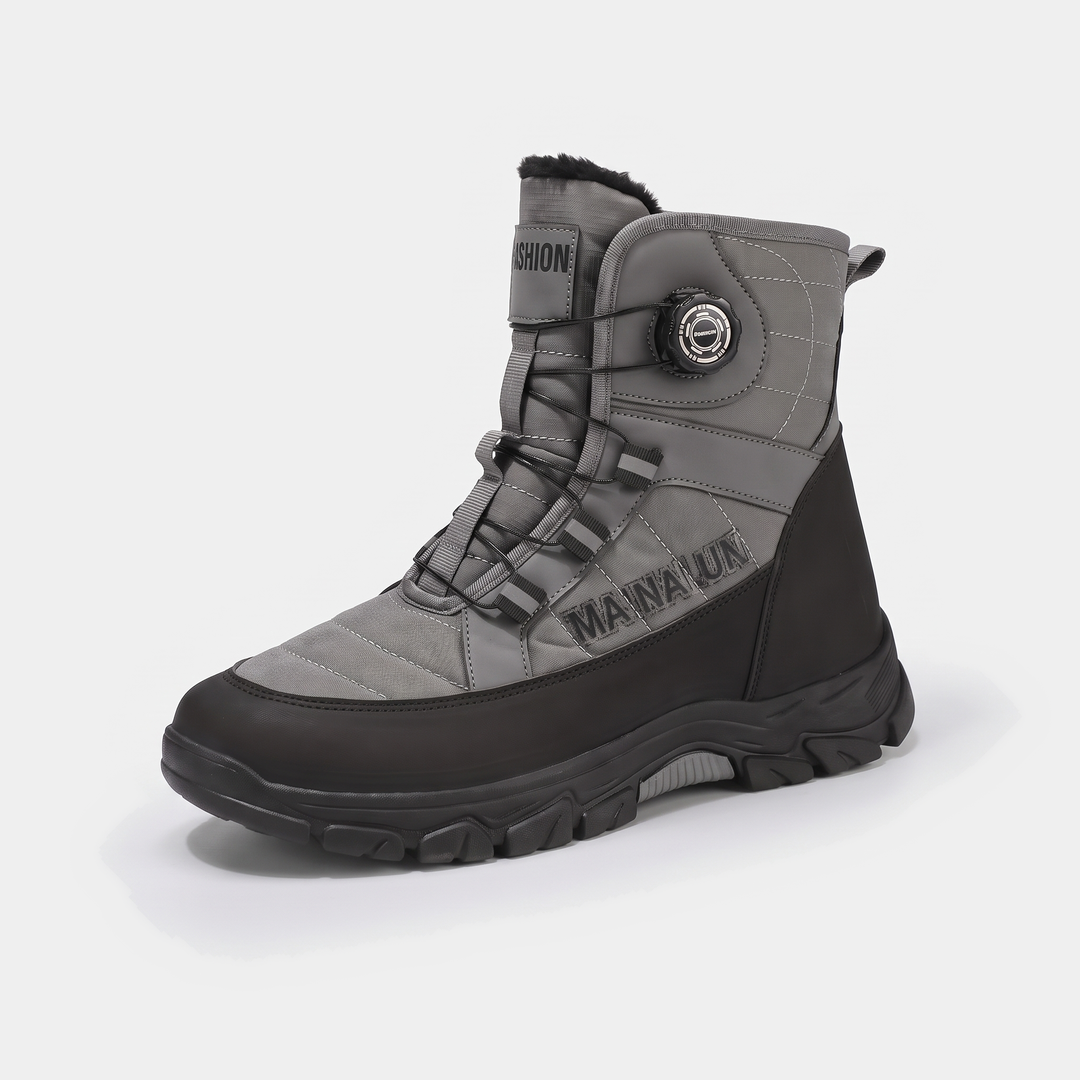 Activearo men's snow boot in gray with a rotary dial on the instep, side view