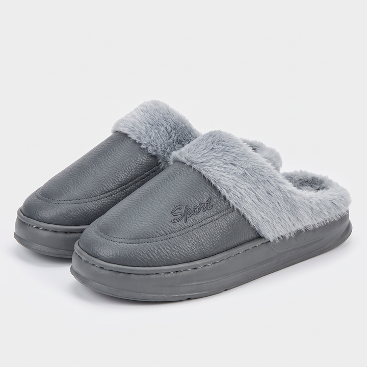Men's slipper clogs in Gray with faux-fur collar and thick platform sole