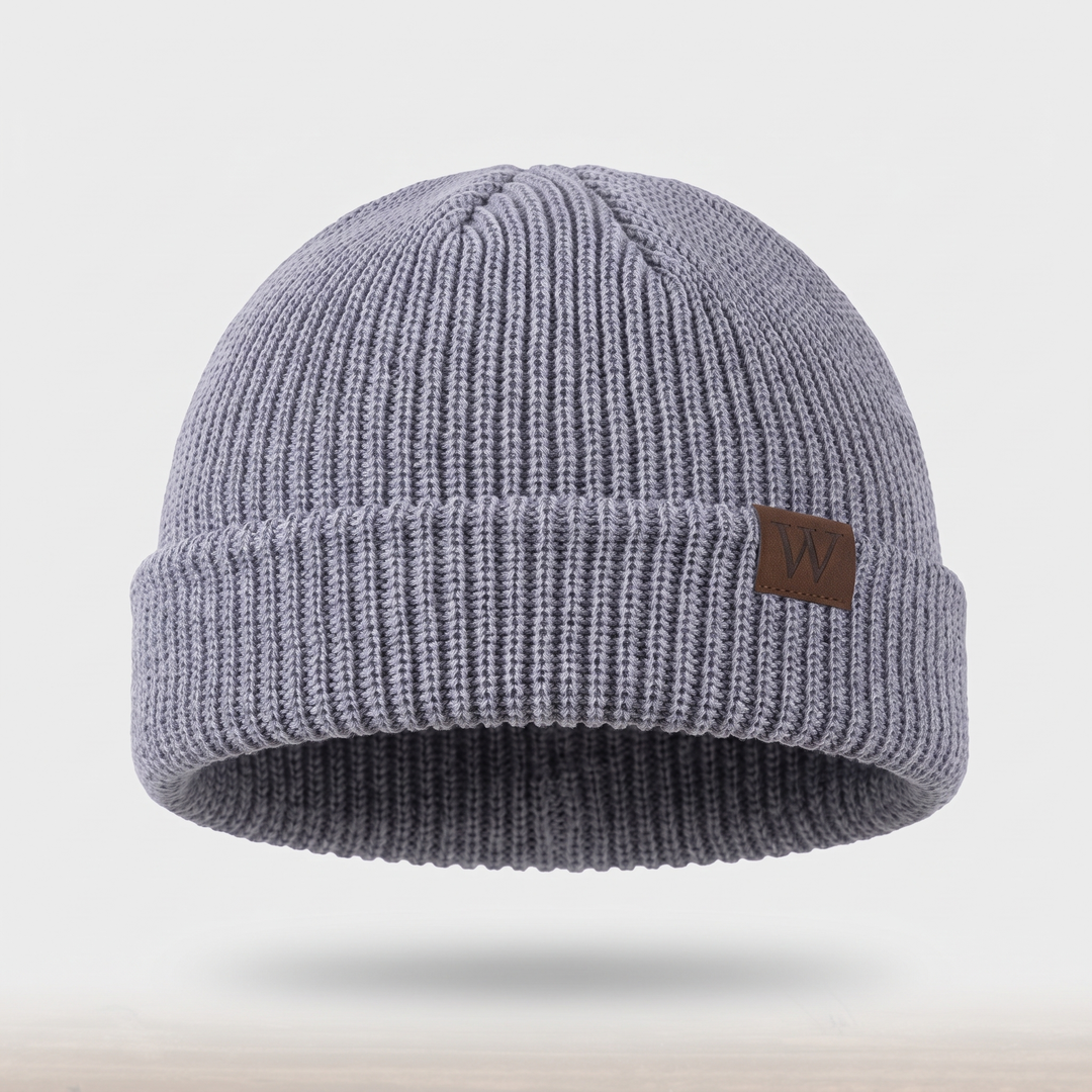 Fisherman Beanie - Grey ribbed knit hat with tan leather W patch