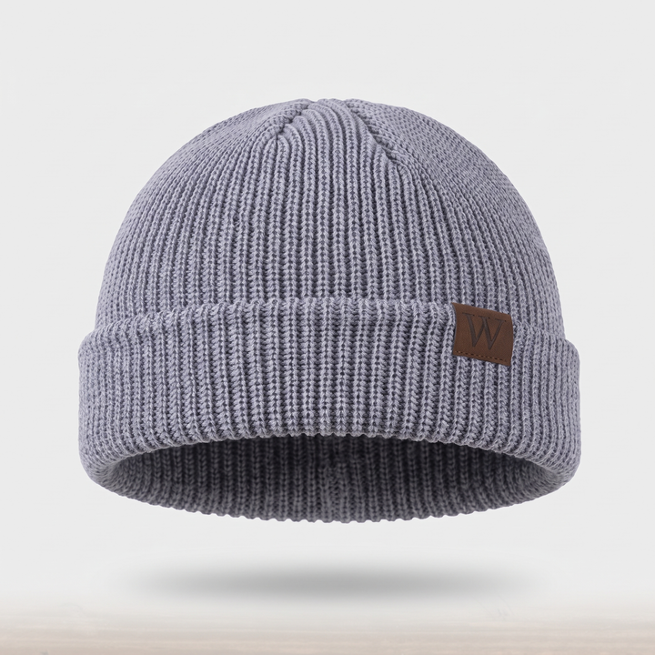 Fisherman Beanie - Grey ribbed knit hat with tan leather W patch