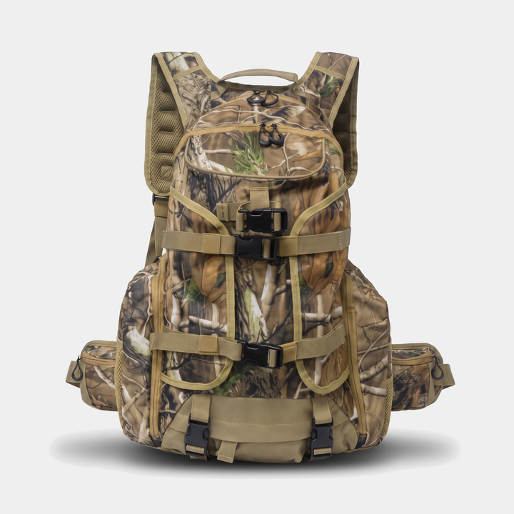 Autumn Camo hunting backpack, front view, hip belt buckled around the pack
