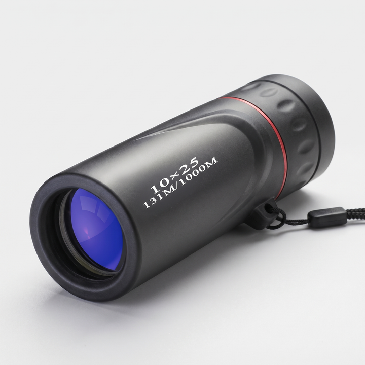 10x25 compact monocular, three quarter view