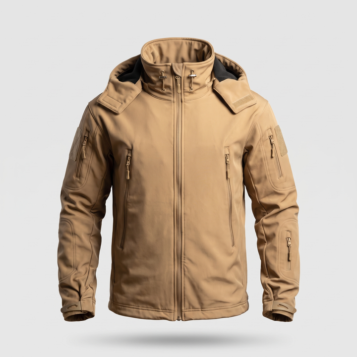 Khaki men's hunting jacket - front view