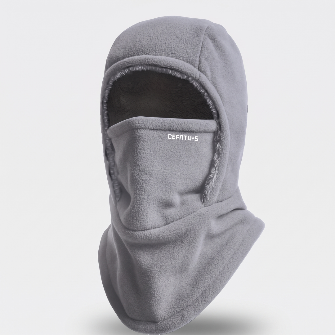 Light Gray winter face mask balaclava, front three-quarter view