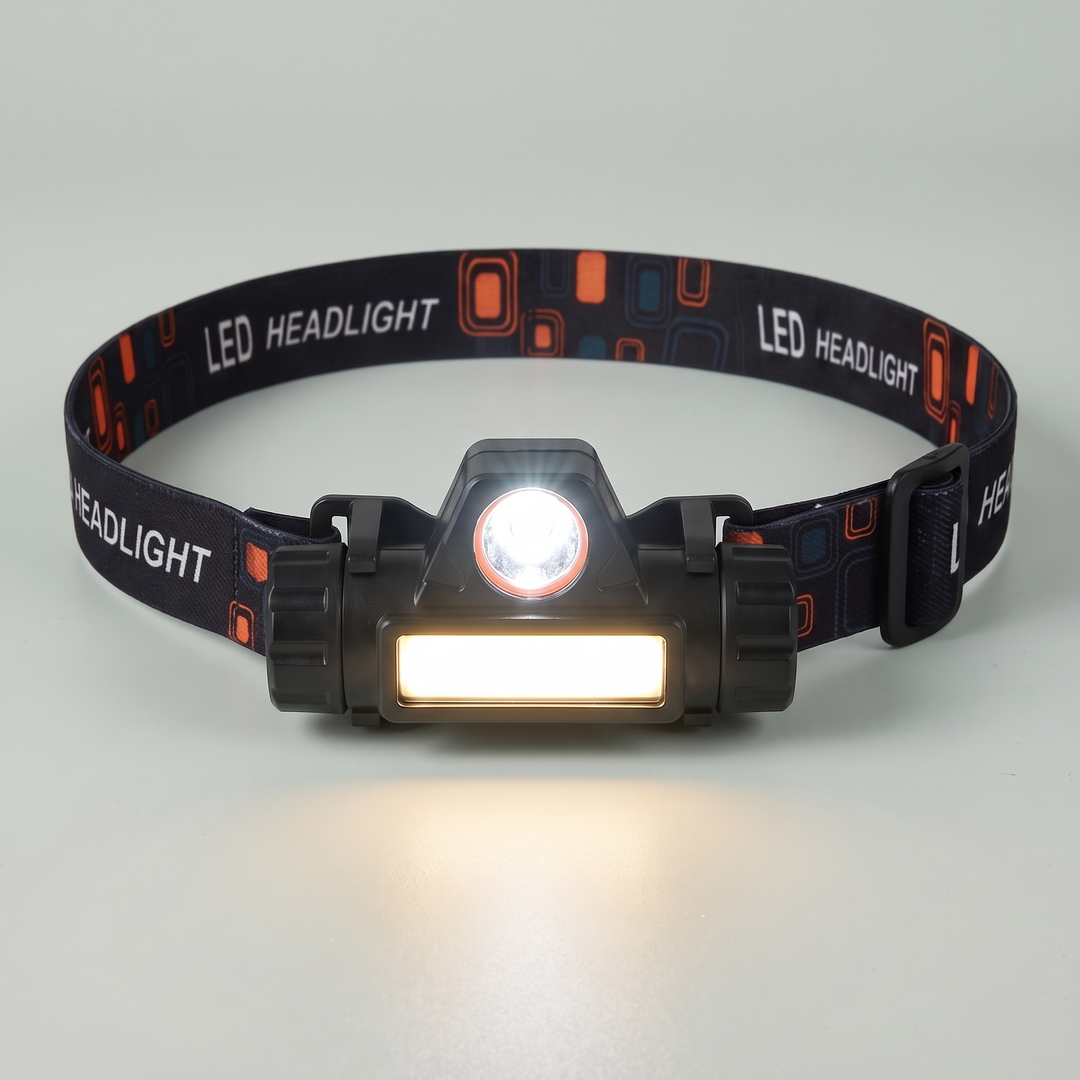 Headlamp with spotlight and COB flood panel switched on