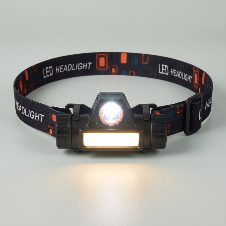Headlamp with spotlight and COB flood panel switched on