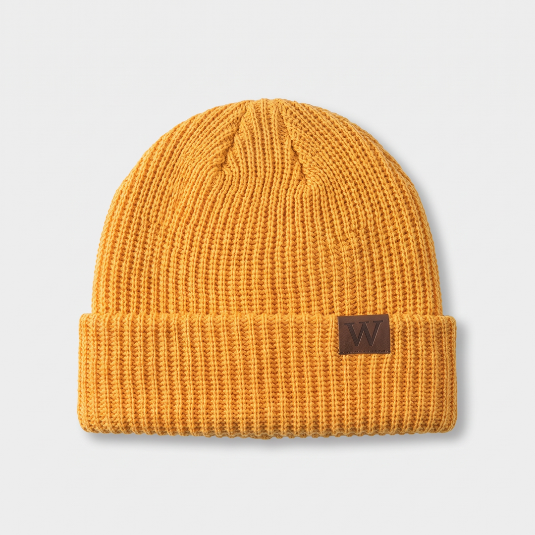 Fisherman Beanie - Mustard ribbed knit hat with tan leather W patch