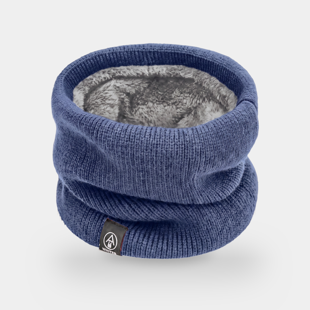 Fleece lined neck gaiter in Navy - flat lay showing plush fleece interior