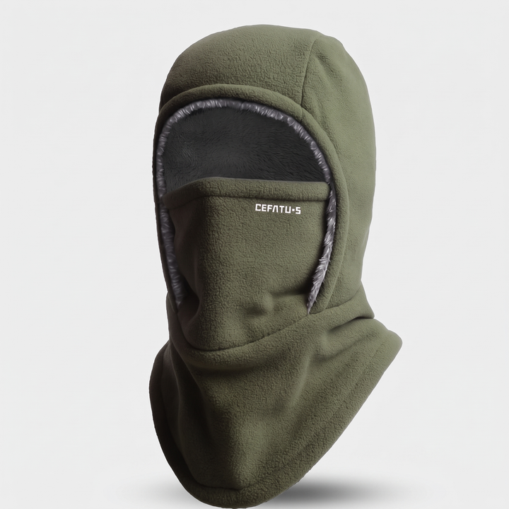 Olive Green winter face mask balaclava, front three-quarter view