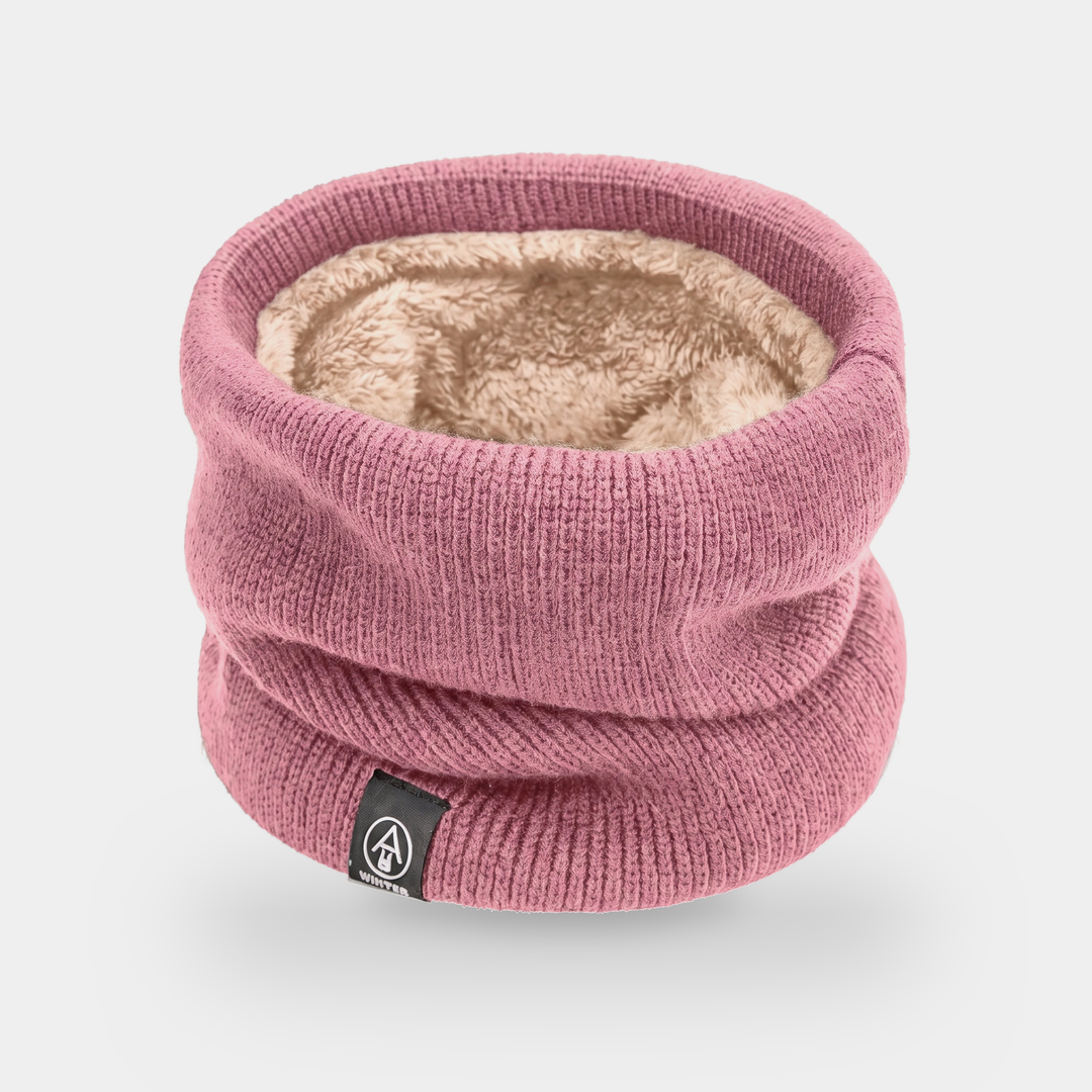 Fleece lined neck gaiter in Pink - flat lay showing plush fleece interior