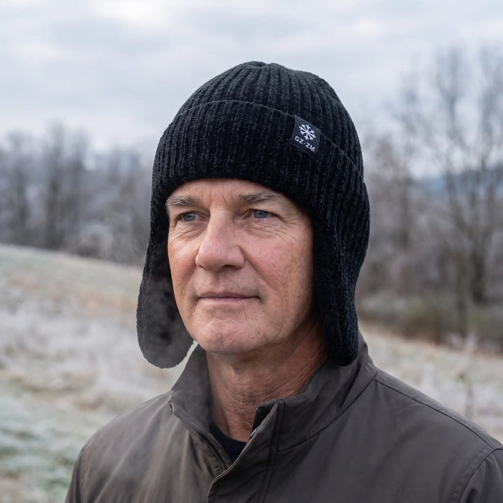 Men's Earflap Hat - Velvet Lined Winter Beanie with Ear Flaps