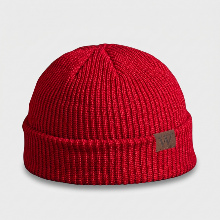 Fisherman Beanie - Red ribbed knit hat with tan leather W patch