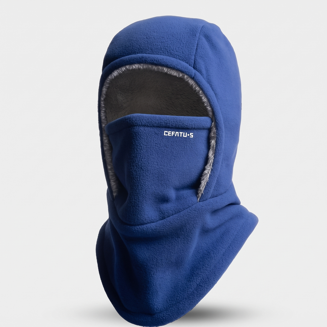 Royal Blue winter face mask balaclava, front three-quarter view