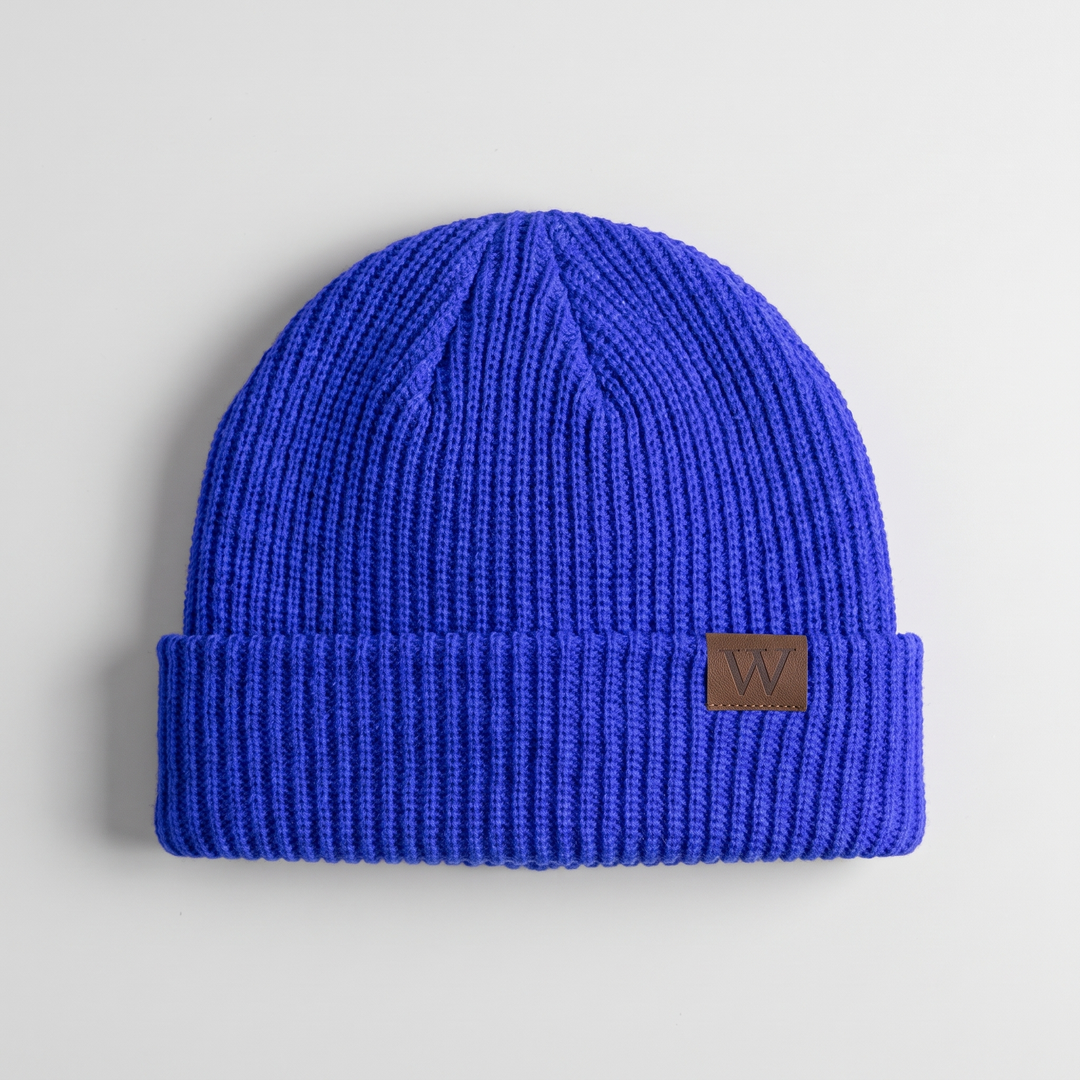Fisherman Beanie - Royal Blue ribbed knit hat with tan leather W patch