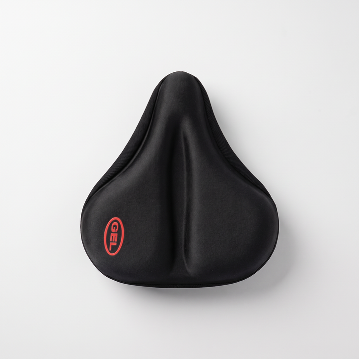 Padded bike seat cover in black, top view with the red GEL logo