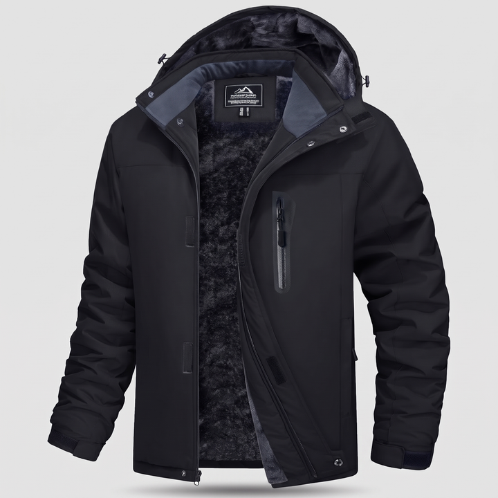 Men's ski jacket in Black, front view with fleece lining and detachable hood