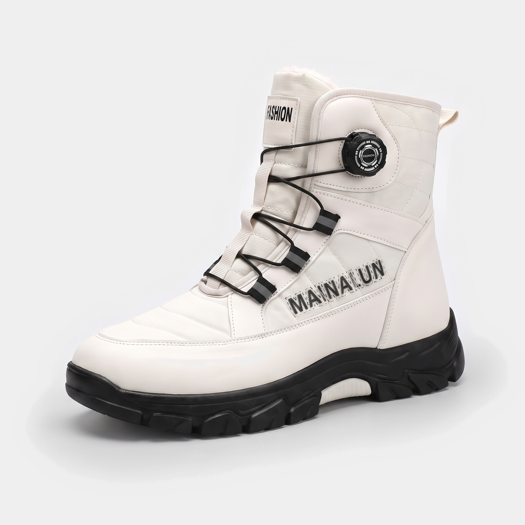 Activearo men's snow boot in white with a rotary dial on the instep, side view