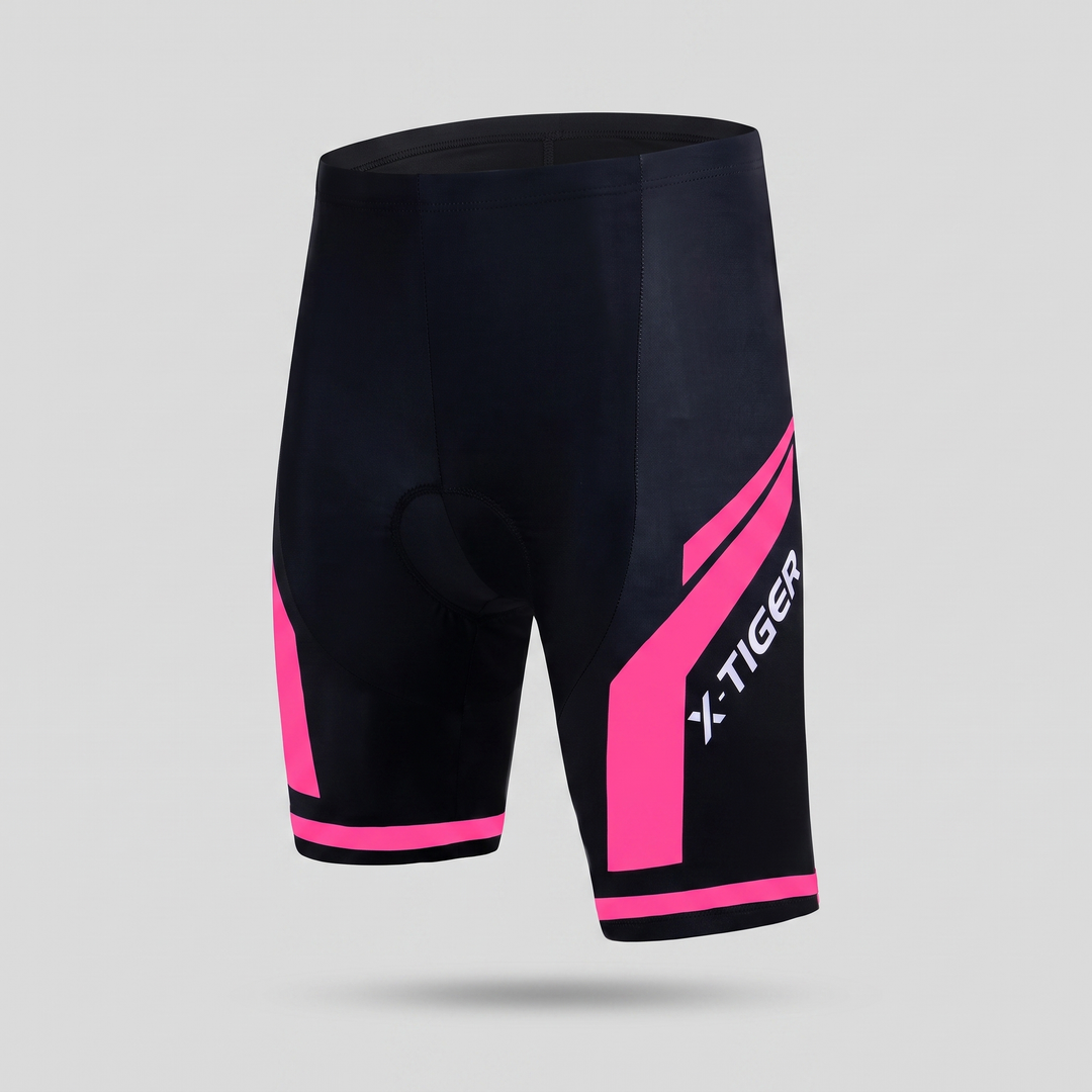 Women's padded bike shorts front view showing the molded gel chamois and accent panel