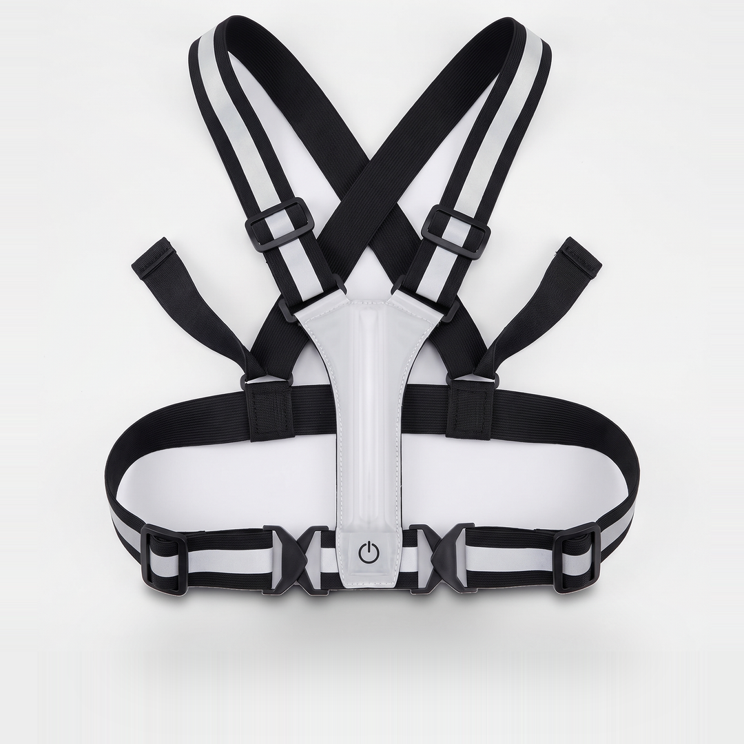 Reflective vest with LED lights in Black, flat lay front view