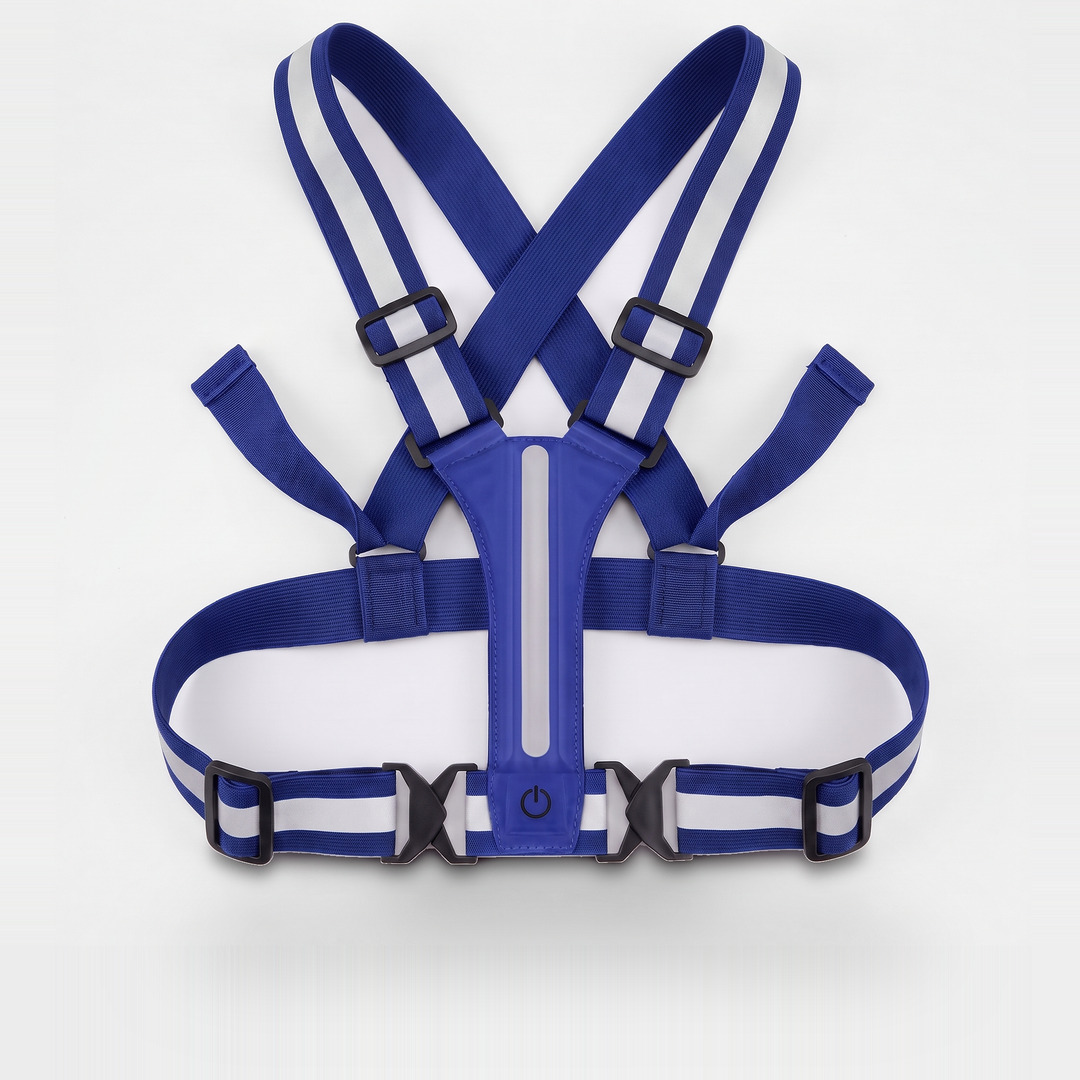 Reflective vest with LED lights in Blue, flat lay front view
