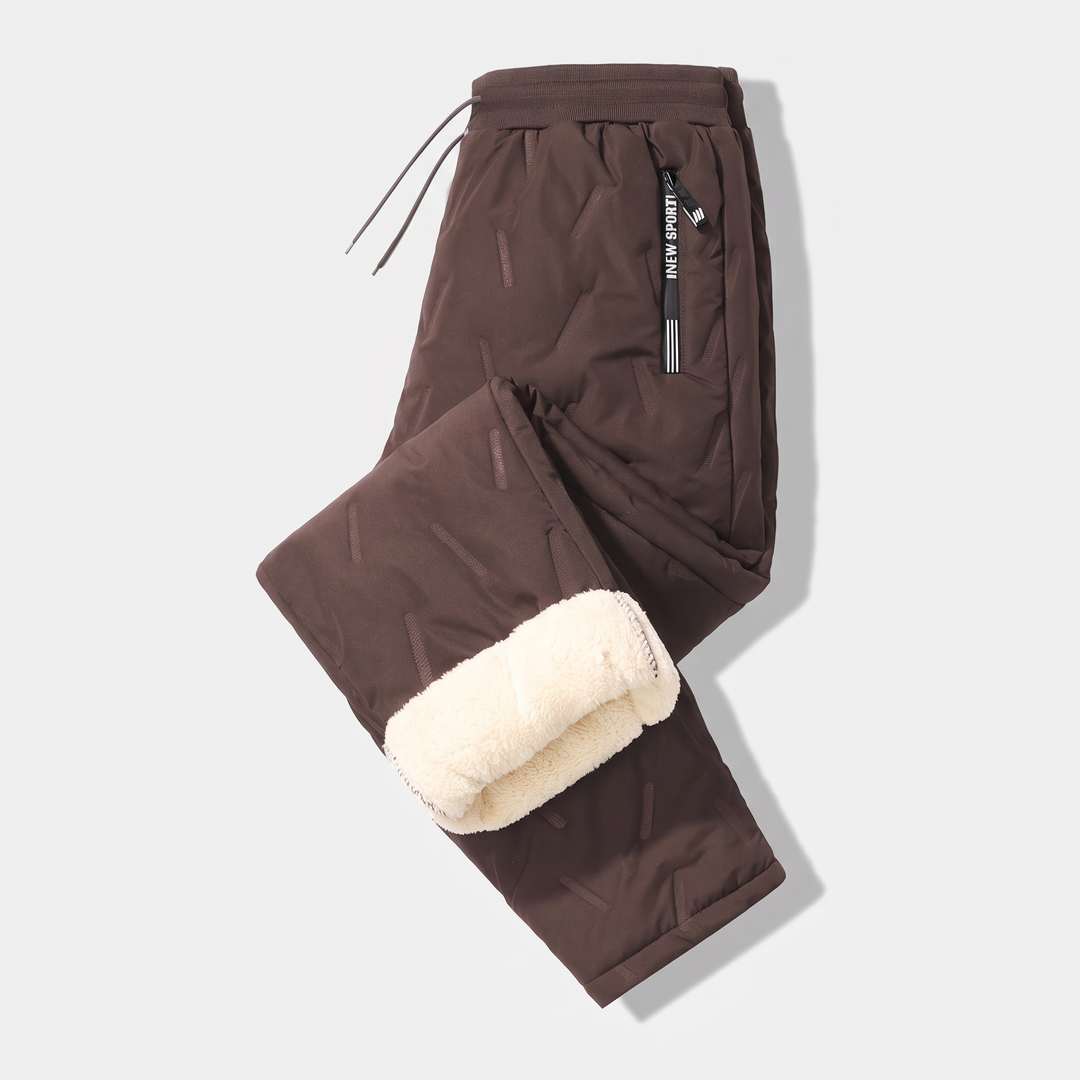 Men's sherpa fleece lined joggers in Coffee Brown, laid flat with one leg folded to show the lining