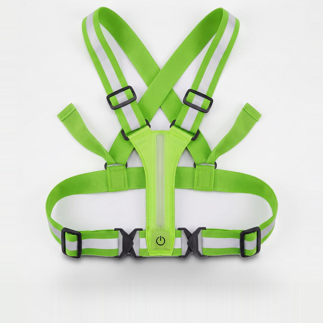 Reflective vest with LED lights in Neon Green, flat lay front view
