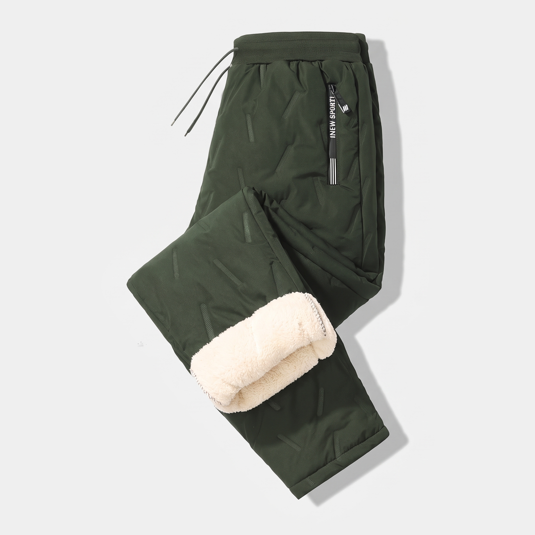 Men's sherpa fleece lined joggers in Olive Green, laid flat with one leg folded to show the lining
