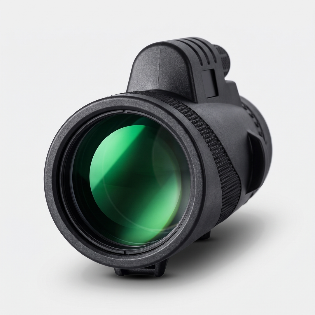 The 50 mm objective lens of the 10x50 monocular seen head on