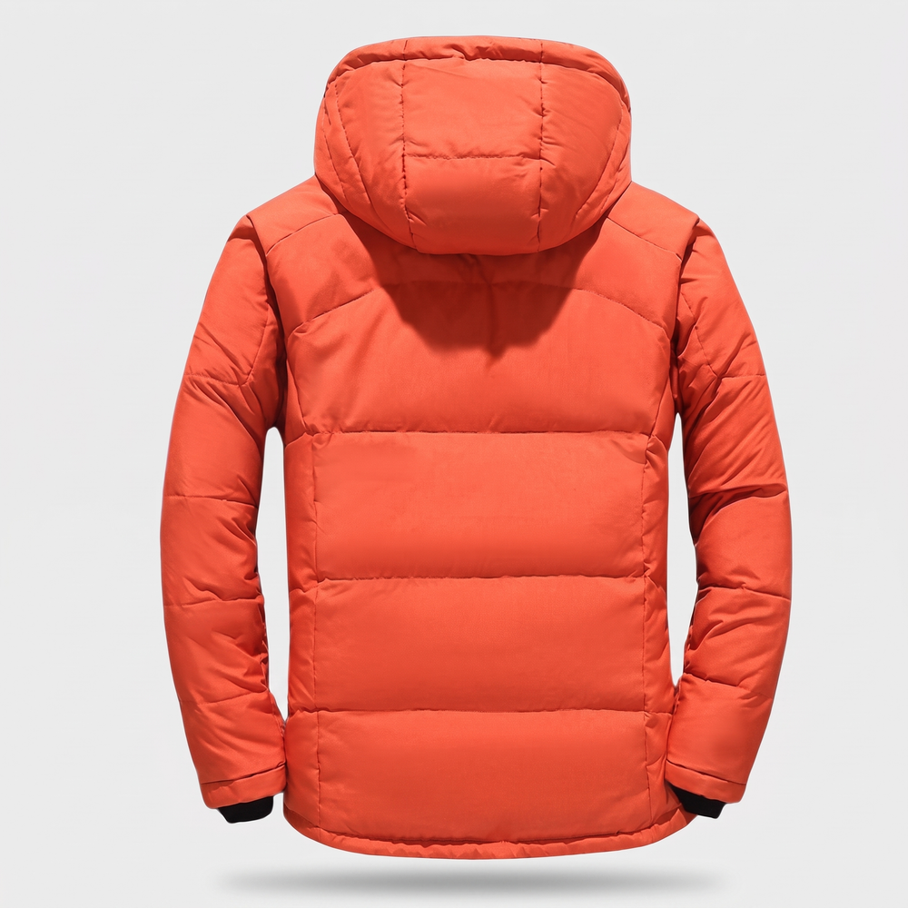 Men's Puffer Jacket in Orange - back view showing quilted baffle construction and detachable hood