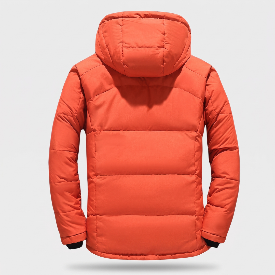 Men's Puffer Jacket in Orange - back view showing quilted baffle construction and detachable hood