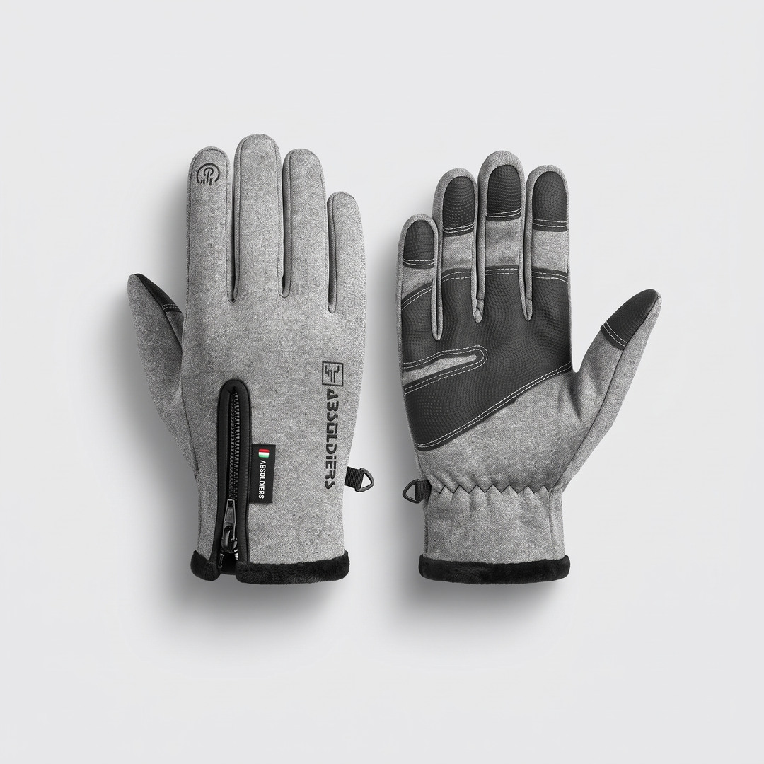 Gray fleece lined winter gloves, back of hand with wrist zip and palm with anti-slip grip panel