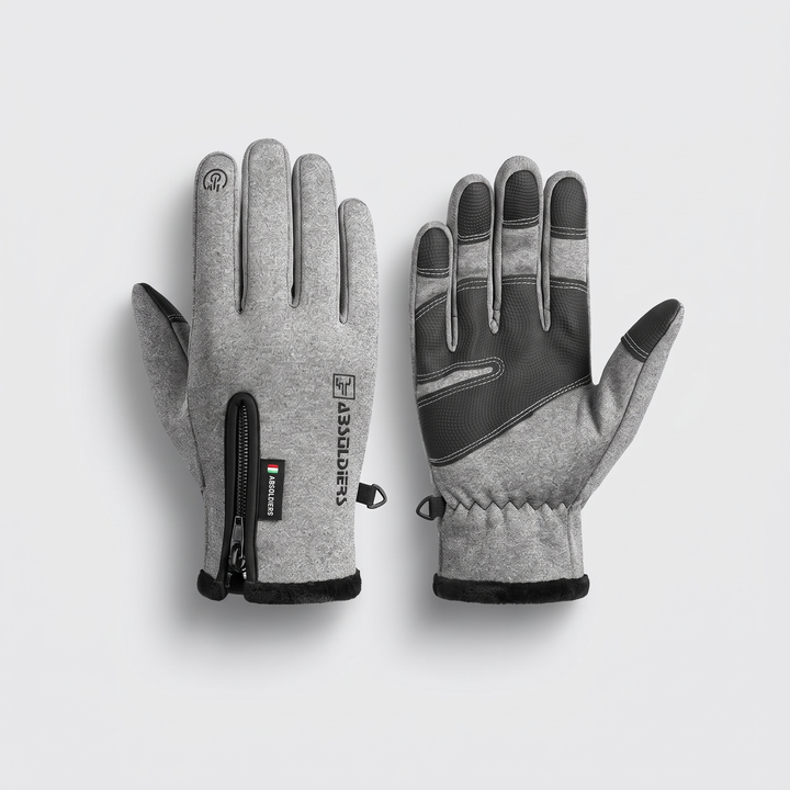 Gray fleece lined winter gloves, back of hand with wrist zip and palm with anti-slip grip panel