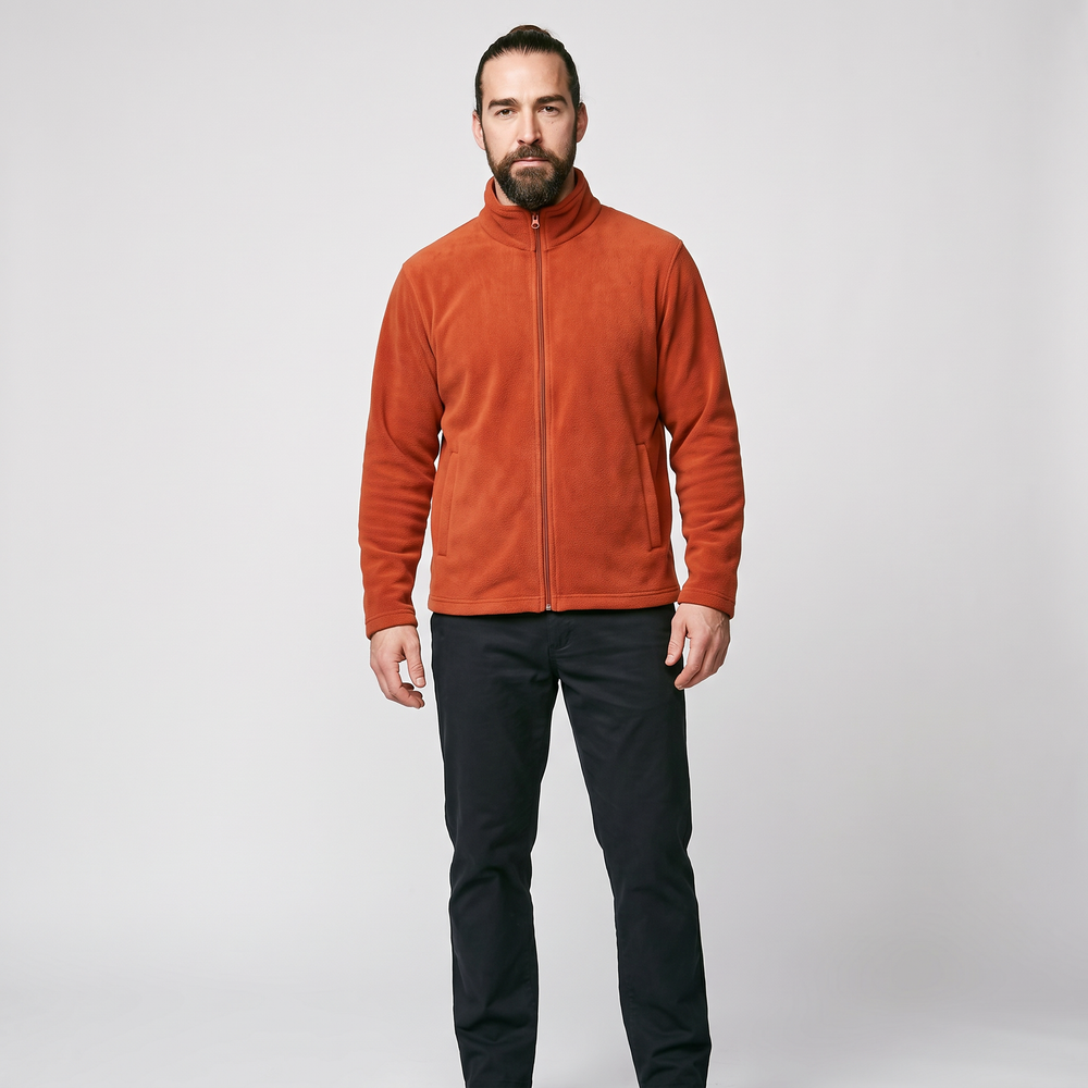 Men's fleece zip up jacket - dark orange - full body model