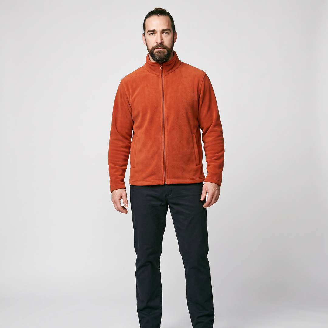 Men's fleece zip up jacket - dark orange - full body model