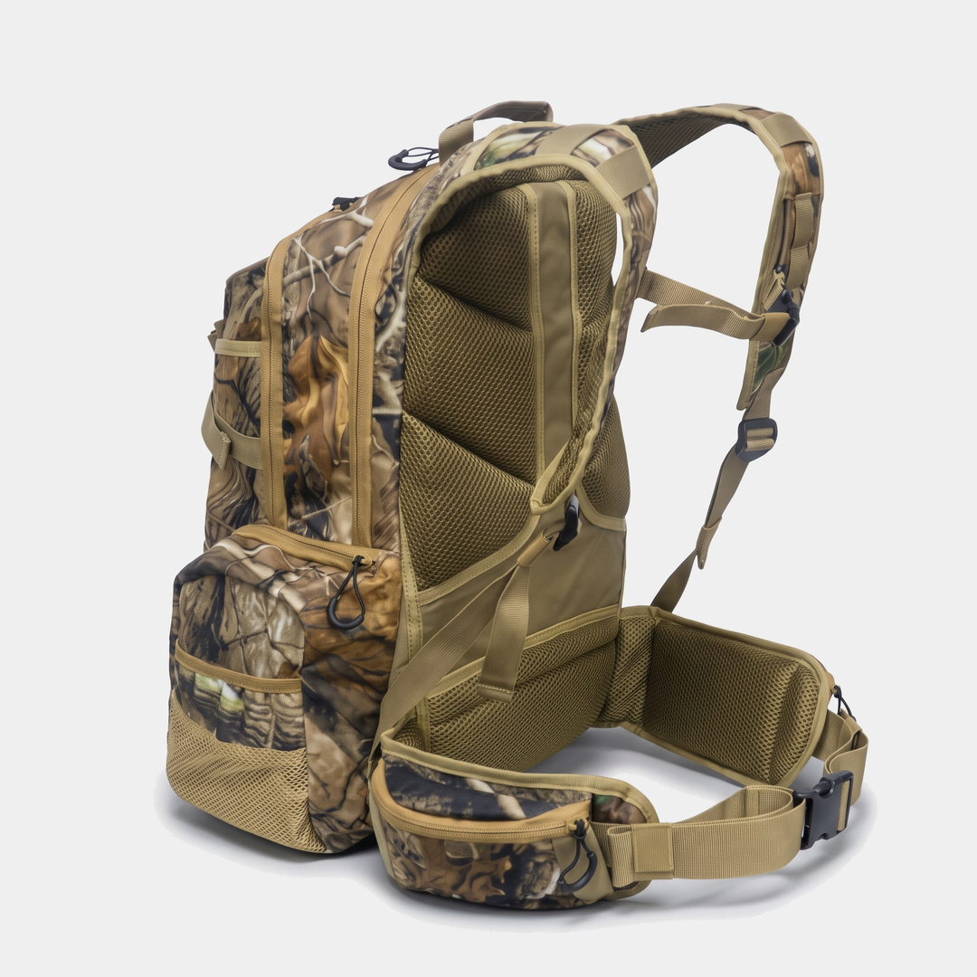 Back of the camo hunting pack showing the ventilated mesh panel, shoulder straps and padded hip belt