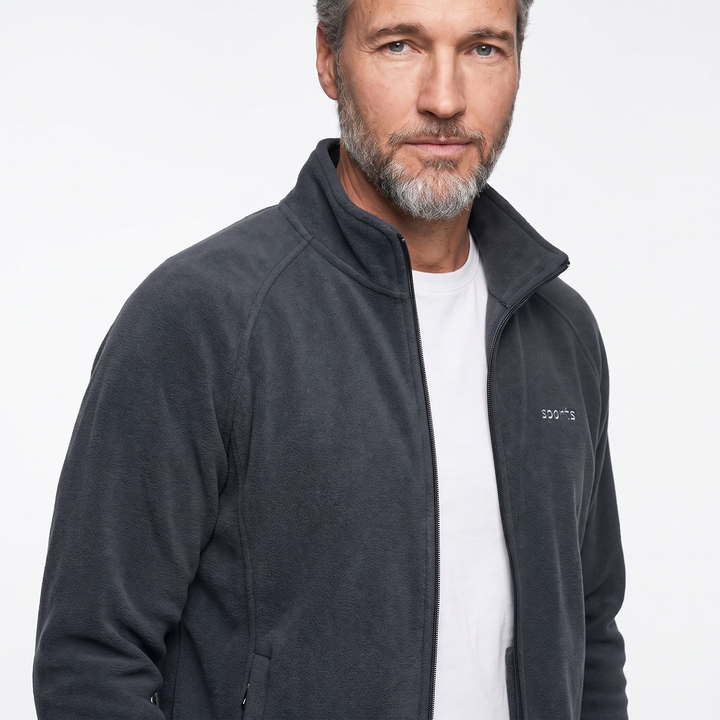 Stand collar and chest embroidery detail on men's fleece jacket