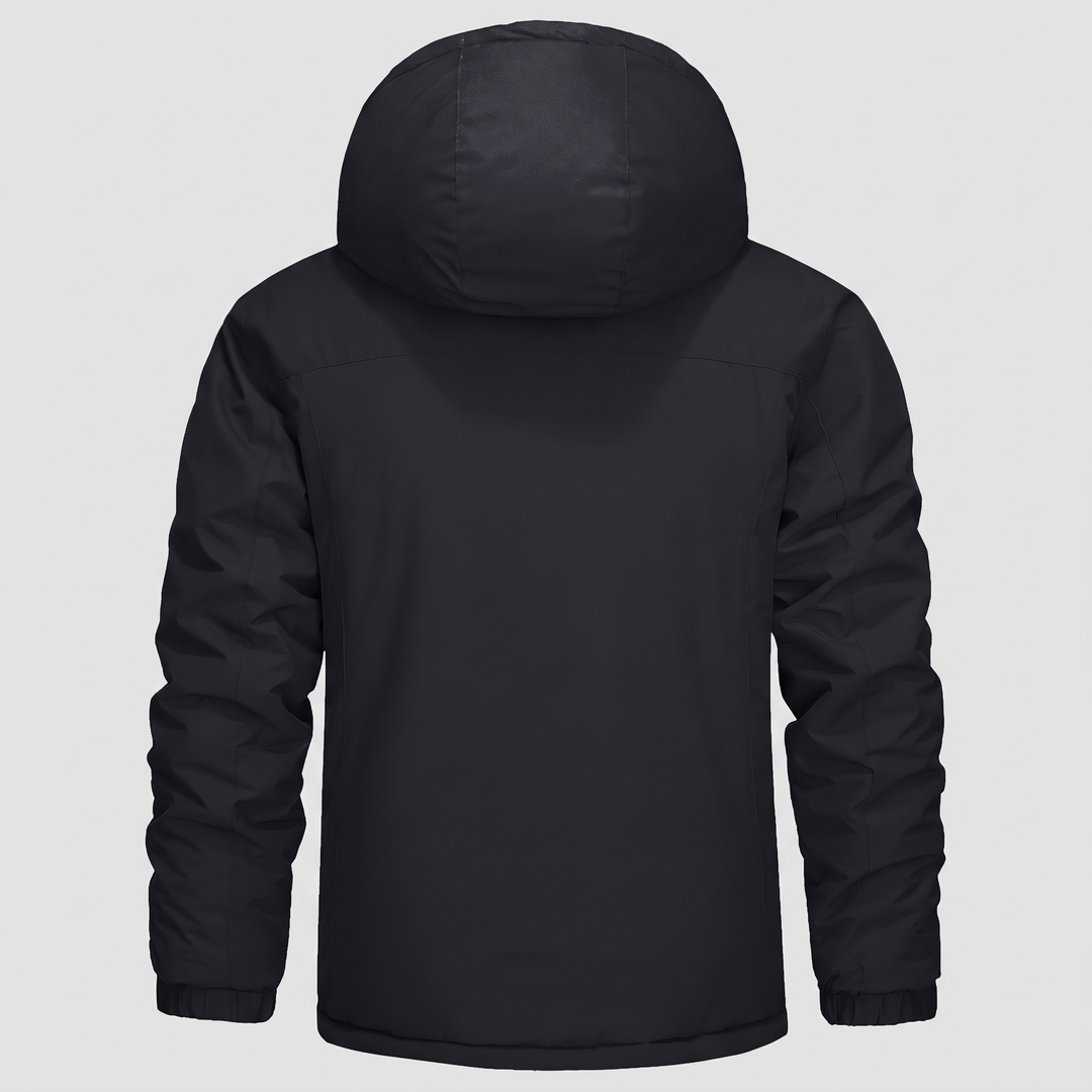 Men's ski jacket in Black, back view with hood