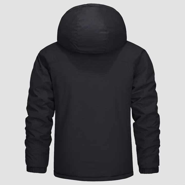 Men's ski jacket in Black, back view with hood